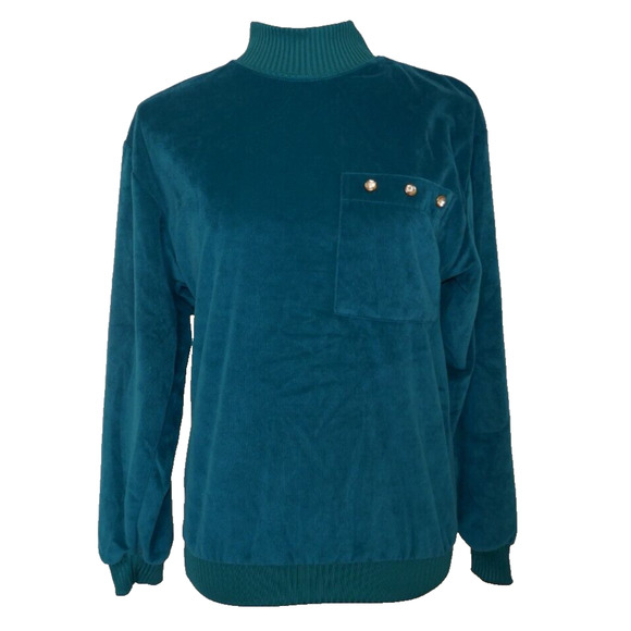 Teal Velveteen Pullover Longsleeve Mock Turtle Neck Small Vintage Haband for Her - Picture 6 of 16
